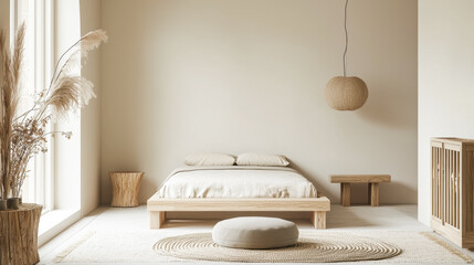 Minimalist scandinavian bedroom with wooden furniture and neutral tones