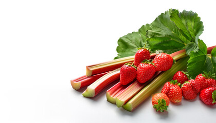 Strawberry and rhubarb season mockup, spring theme border, with free space for text. Red ripe berries with leaves on white background.