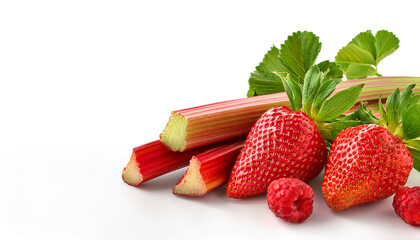 Strawberry and rhubarb season mockup, spring theme border, with free space for text. Red ripe berries with leaves on white background. Closeup.