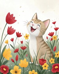 cat smiling around flowers 