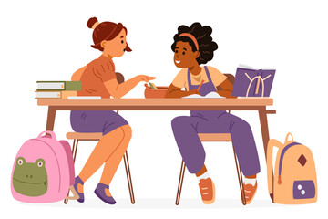 Two girls classmates sitting together at desk chatting in classroom flat vector illustration isolated on white. Diverse pupils at desk with school supplies and backpacks.