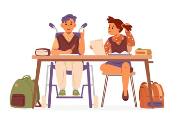 Two classmates a boy using wheelchair and a girl sitting at desk in classroom studying flat vector illustration isolated on white. Pupils sitting in pair at desk with school supplies and backpacks.