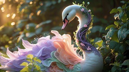 Obraz premium Ornamental Swan Decorated with Flowers and Lace Patterns