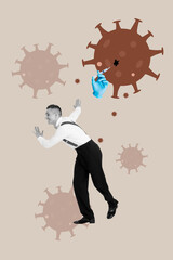 Poster image vertical photo collage of happy man dance covid-19 bacterium immunization shot syringe lockdown pandemic doctor hand