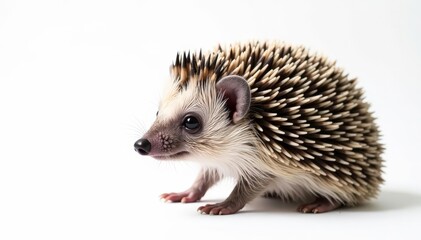Fototapeta premium Close-up of a single hedgehog against a seamless white backdrop, background, wildlife, nature