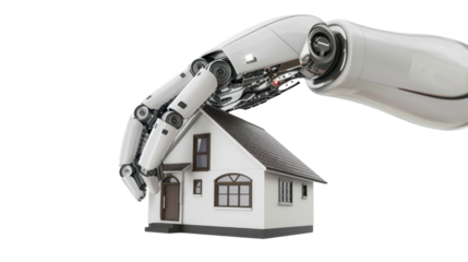 Robotic arm holding small house on transparent background