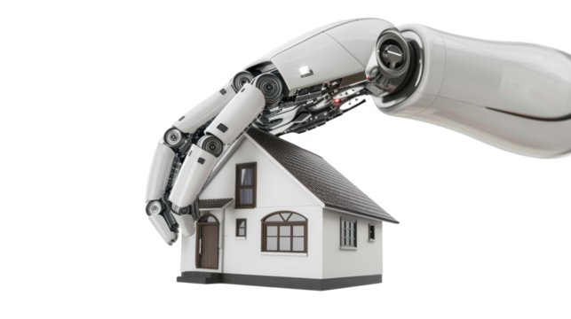 Robotic arm holding small house on transparent background