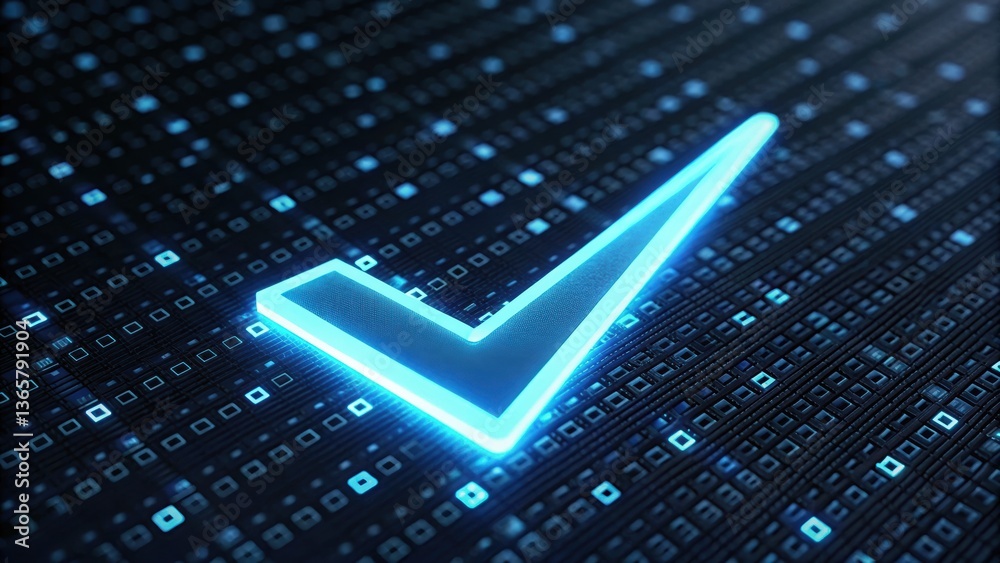Poster neon blue checkmark pulsating with blockchain energy representing modern digital security design