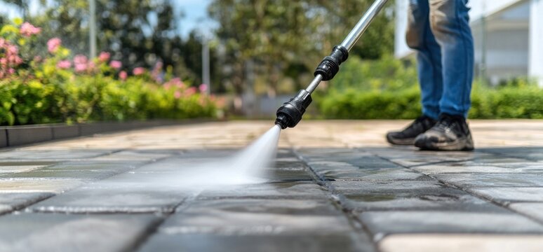 Person power washing stone patio cleaning outdoors