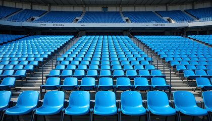 Fototapeta premium Blue tribunes. seats of tribune on sport stadium. empty outdoor arena. concept of fans. 