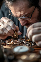 Close-up of a watchmaker repairing intricate watch mechanisms  -  