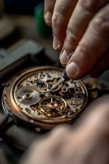 Close-up of a watchmaker repairing intricate watch mechanisms  -  