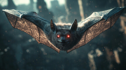 Obraz premium A gothic-style bat with large, intricate wings, soaring in a dark, eerie castle. The bat has glowing red eyes, and the castle's towering spires and shadows create a chilling, atmospheric backdrop
