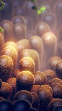 Gut microbiome vertical video. Probiotics are beneficial bacteria used to help the growth of healthy gut flora. Intestinal bacteria help control intestinal digestion and the immune system	
