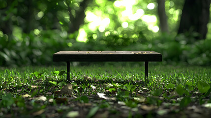 Wooden Bench In Green Park With Lush Grass And Leafy Ground Under Sunlight Through Trees