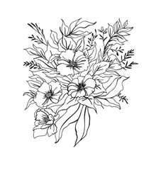 Floral greeting card, Vector illustration of spring flowers and leaves hand drawn.
