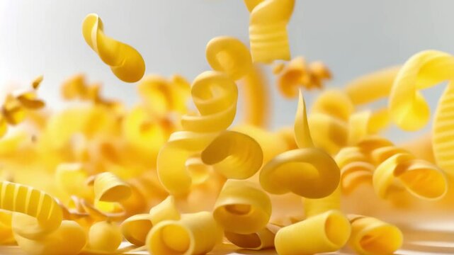 An elegant video capturing italian pasta falling gracefully against a white background, perfect for culinary concepts, food blogs, or restaurant promotions.