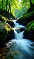 Obraz premium Crystal clear water tumbles over moss-covered rocks, surrounded by dense forest, sunlight, fresh, plants