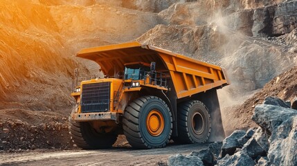 Heavy machinery transports rocks through a rugged mining site under an orange sunset Generative AI