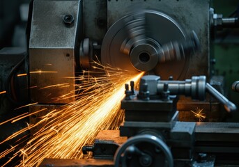 Fototapeta premium Sparks flying from a metalworking machine during precision machining