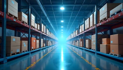 Fototapeta premium Efficient Warehousing Design, Bright Aisles and Organized Shelves for Presentation Themes