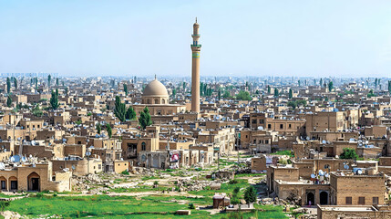 Naklejka premium Ancient Syrian Cityscape with Mosque and Minaret