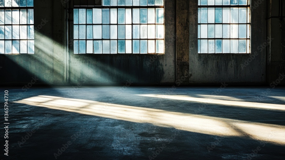 Poster sunbeams illuminate a large, empty industrial space with aged walls and windows.