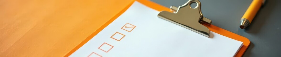 Orange clipboard with checklist, organized tasks , bright, document