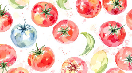 Seamless watercolor pattern featuring various types of tomatoes showcasing whole and halved tomatoes along with green leaves and branches on a white background 