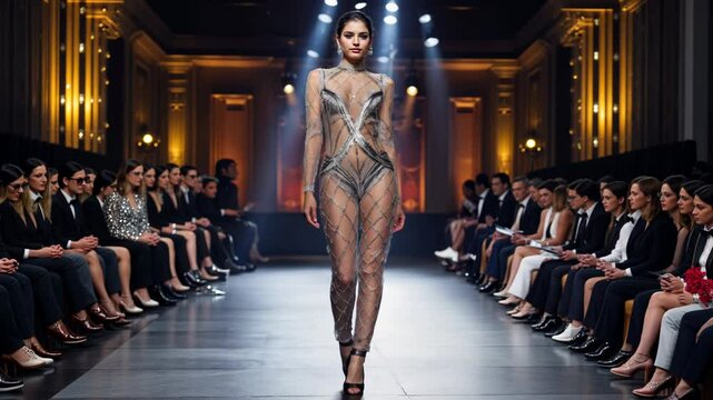 Confident Fashion Model Struts Down the Runway in a Sheer, Revealing Outfit at a High-Fashion Show