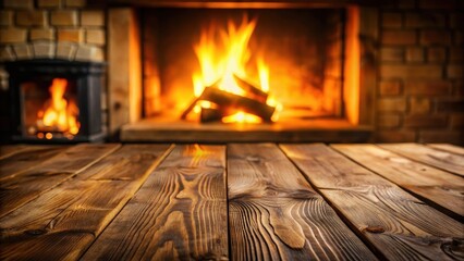 Fototapeta premium A wooden surface with a blurred fireplace background, creating a sense of warmth and coziness for a home decor or lifestyle magazine montage, texture, relaxation