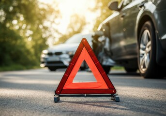 Red warning triangle on the road after a car accident, signaling caution