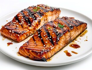 A photo of two grilled salmon fillets with teriyaki sauce and sesame seeds on top, placed against a