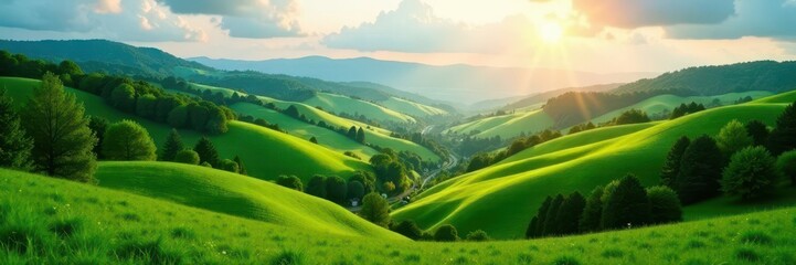 Fototapeta premium Sun-drenched rolling hills, lush green valleys, aerial perspective, sun, scenic, outdoor