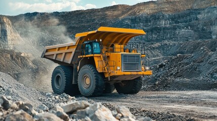 Obraz premium Massive dump truck navigates rocky terrain during construction operations at a lively quarry site Generative AI
