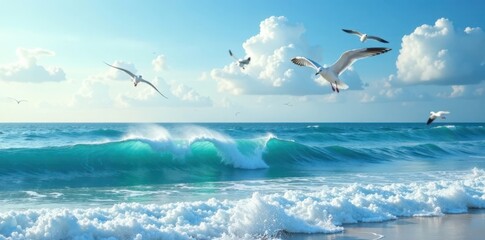 Ocean Waves with Seagulls Flying High in the Sky, nature, outdoors