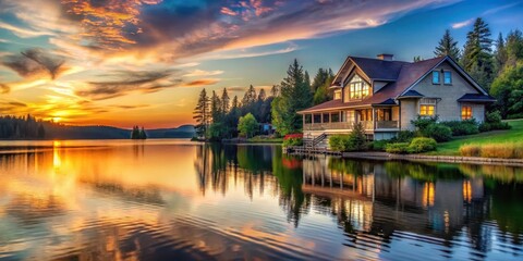 Fototapeta premium house on the lake at sunset, lakefront property, scenic vistas, lakefront property