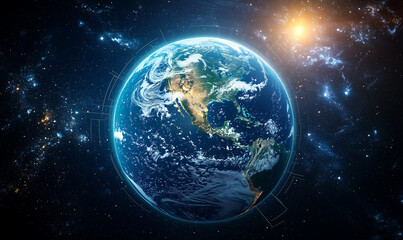 Obraz premium Vivid illustration of Earth in space, surrounded by stars and glowing light from the sun.