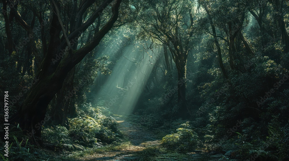 Poster sunbeams illuminate a mystical forest path.