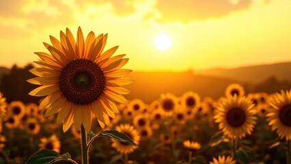 Fototapeta premium Stunning Sunflower Blooms Under Bright Sunset in a Vibrant Open Field