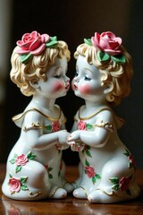 Fototapeta premium Ornate porcelain rose figurines, vintage style, cream decor, collectible roses, white decor