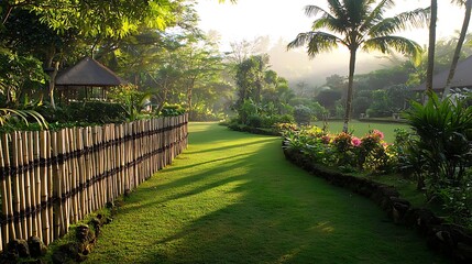 Obraz premium Tranquil tropical garden path at dawn. Lush greenery, a wooden fence, and morning mist create a serene ambiance