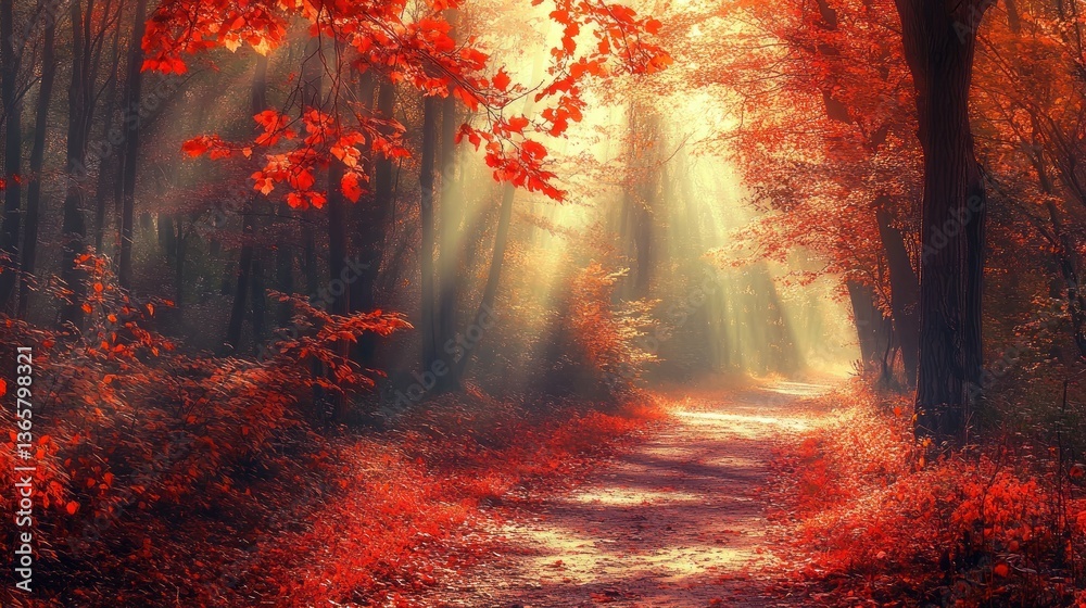 Poster sunbeams illuminate a path through a vibrant autumn forest with red leaves and fog.