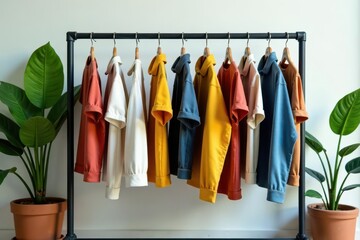 Fototapeta premium Sustainable clothing rack, organic cotton, hemp, recycled fabrics, sustainable fashion, ethical fashion
