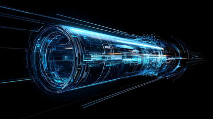 Blue Digital Tunnel With Light Trails Representing Data Flow On Black Background
