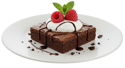Isolated Brownie with Cream and Raspberry