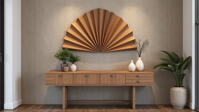 A minimalist console table in warm natural wood tones placed against a textured wall featuring a large artistic fan shaped wall decor in earthy hues surrounded by small potted plants and simple cerami