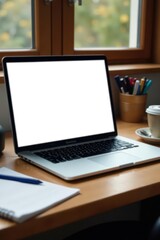 Blank laptop screen, coffee, office supplies on wooden desk, office, desktop