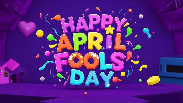 Purple background with 3D “HAPPY APRIL FOOLS’ DAY” text and colorful confetti elements.