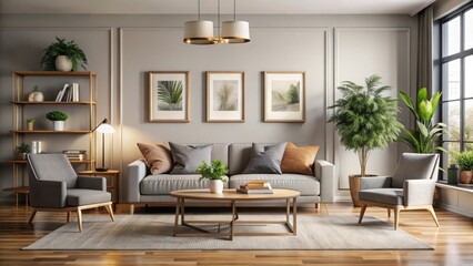 A stylish home decor setup with a beautifully framed artwork in a modern living room, living room